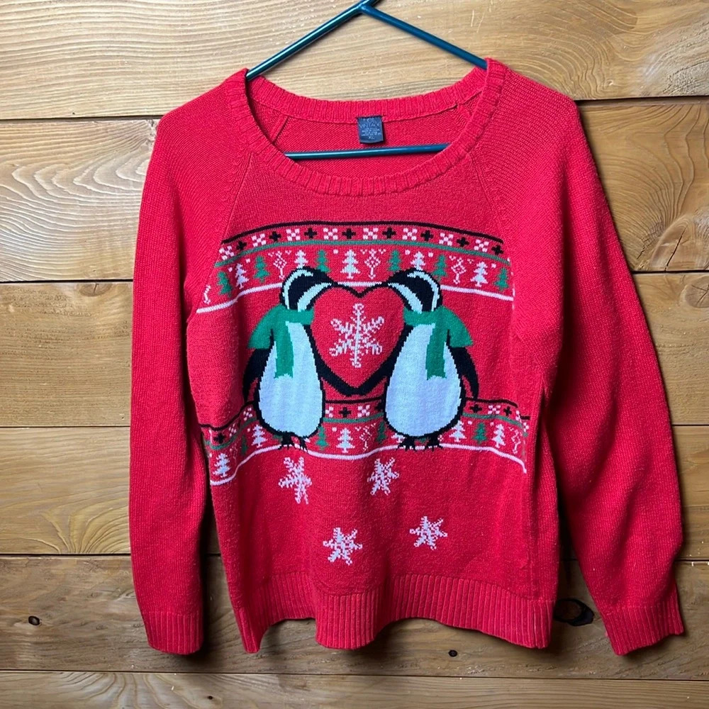 Ugly Christmas Sweater Women’s  LOL VIINTAGE Holiday Red White Penguin XL party‎